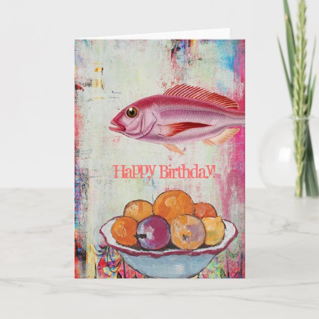 Pink Fish and Fruit Bowl Digital Collage, Birthday Card (Front)
