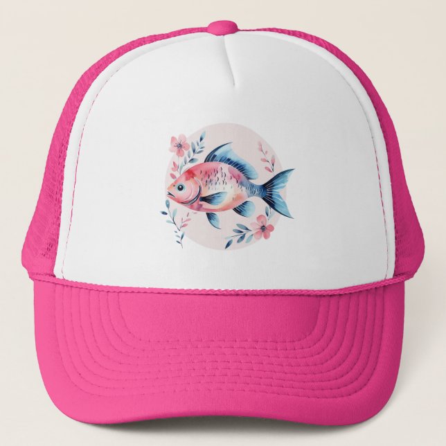 Pink Fish Art Tee Trucker Hat (Front)