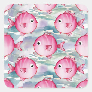 Pink Fish Pattern Square Sticker