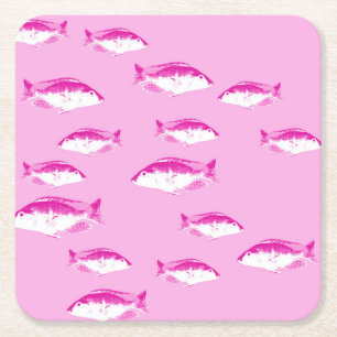 Pink fish square paper coaster