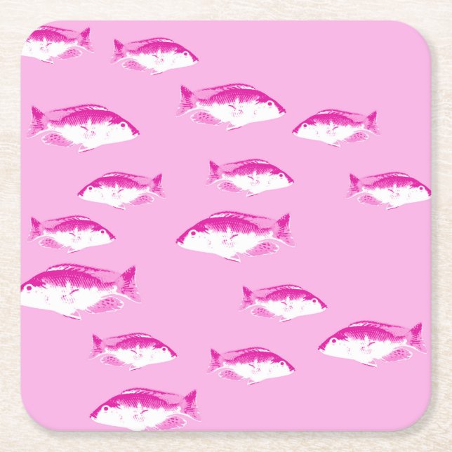 Pink fish square paper coaster (Front)