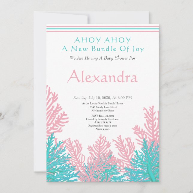Pink Fish, Teal Coral Ahoy Baby Shower invitation  (Front)