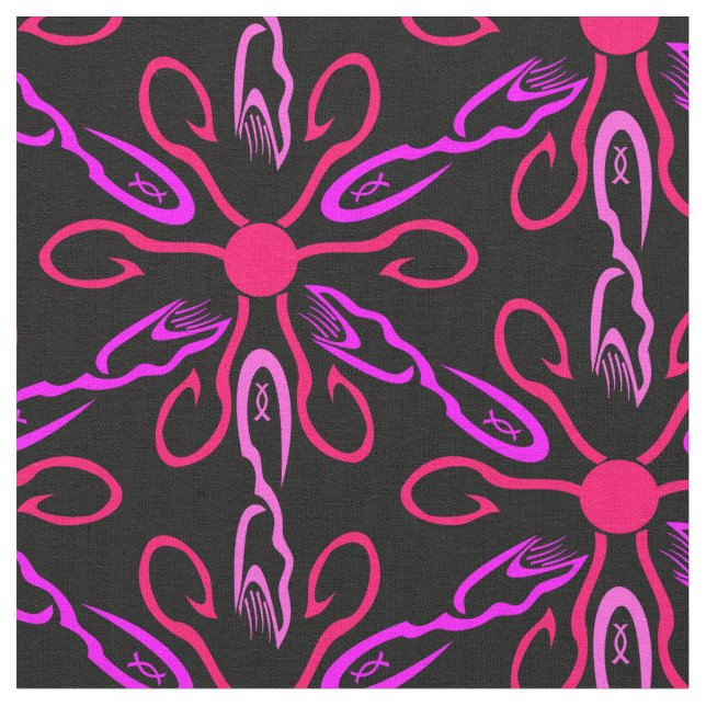 Pink Fishhooks and Purple Fish Pattern Fabric (Close Up)