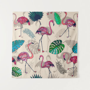 Pink flamigos and tropical leaves seamless pattern tapestry