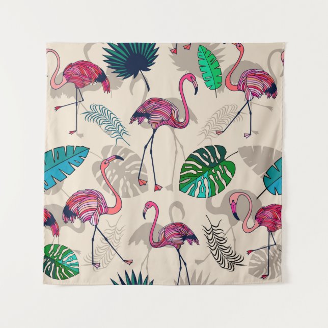 Pink flamigos and tropical leaves seamless pattern tapestry (Front)
