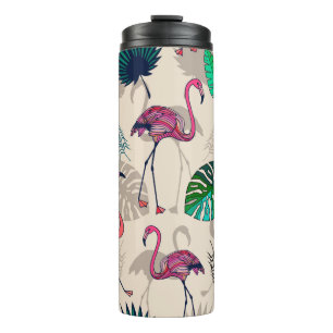Pink flamigos and tropical leaves seamless pattern thermal tumbler