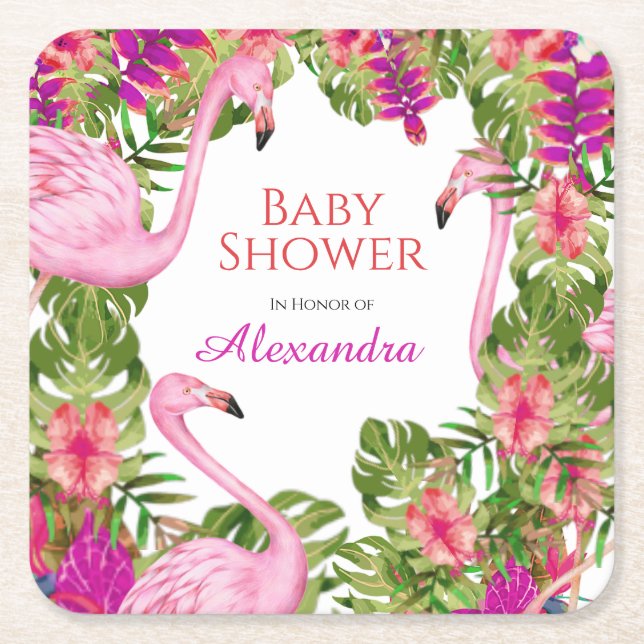  Pink Flaming Tropical Wildlife Girl Baby Shower   Square Paper Coaster (Front)