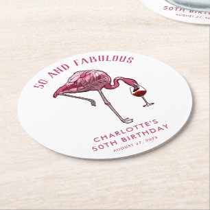 Pink Flamingo 50th Birthday Novelty Swag Round Paper Coaster