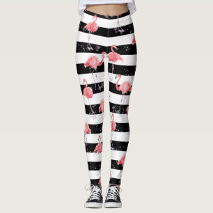 Pink flamingo and Black-and-white stripes pattern Leggings