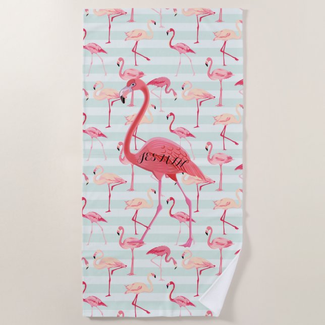 Pink Flamingo and Blue Stripes Beach Towel (Front)