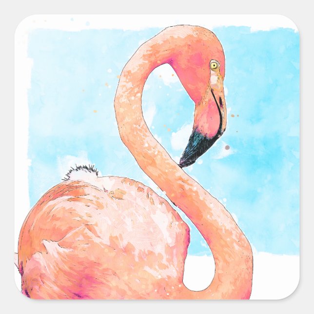 Pink Flamingo and Blue Watercolor Sticker Seal (Front)