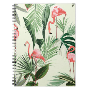 Pink flamingo and exotic flowers, palm leaves. Flo Notebook