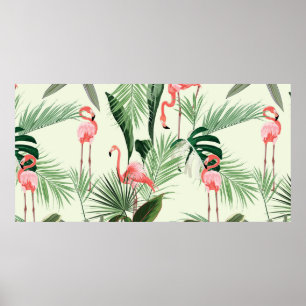 Pink flamingo and exotic flowers, palm leaves. Flo Poster