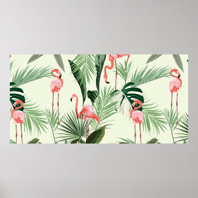 Pink flamingo and exotic flowers, palm leaves. Flo Poster (Front)