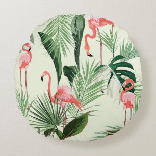 Pink flamingo and exotic flowers, palm leaves. Flo Round Cushion