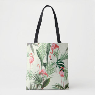 Pink flamingo and exotic flowers, palm leaves. Flo Tote Bag