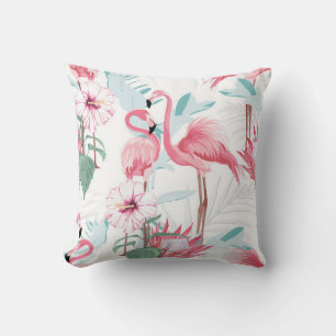 Pink flamingo and exotic flowers, palm leaves, whi cushion