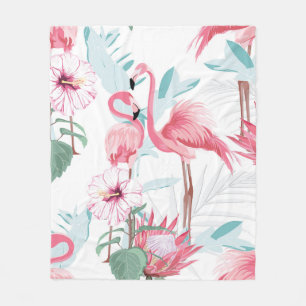 Pink flamingo and exotic flowers, palm leaves, whi fleece blanket