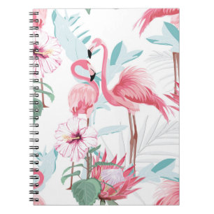 Pink flamingo and exotic flowers, palm leaves, whi notebook