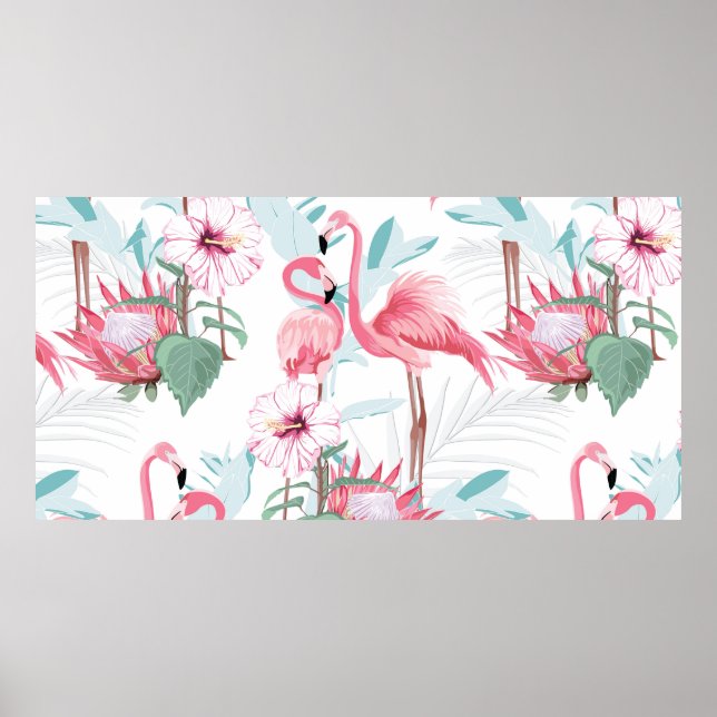 Pink flamingo and exotic flowers, palm leaves, whi poster (Front)