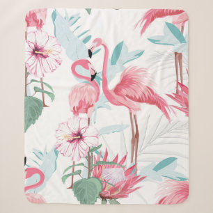 Pink flamingo and exotic flowers, palm leaves, whi sherpa blanket