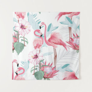 Pink flamingo and exotic flowers, palm leaves, whi tapestry