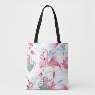 Pink flamingo and exotic flowers, palm leaves, whi tote bag