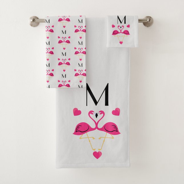 Pink Flamingo and Hearts Pattern Bath Towel Set (Insitu)