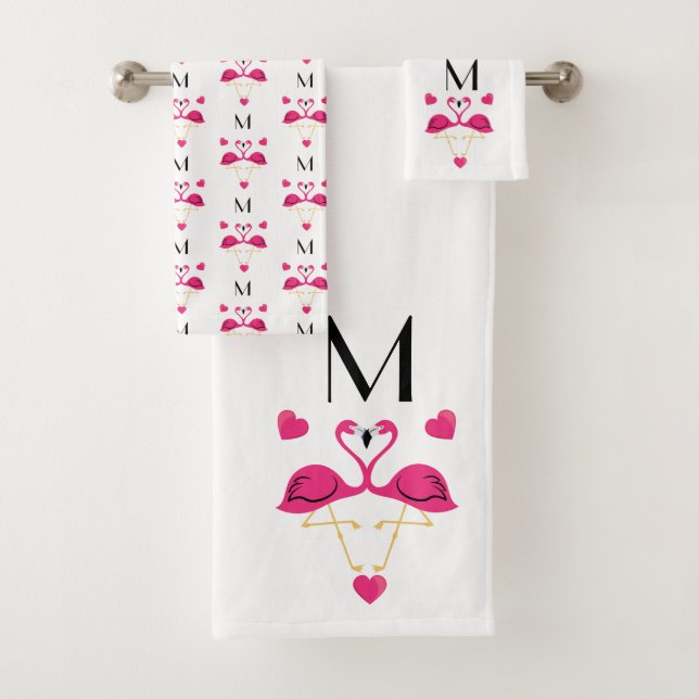 Pink Flamingo and Hearts Pattern Bath Towel Set (Insitu)