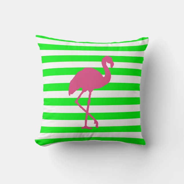 Pink Flamingo and Lime Stripe Cushion (Front)