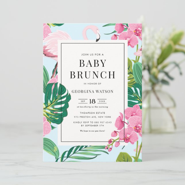 Pink Flamingo and Orchids Tropical Baby Brunch Invitation (Standing Front)