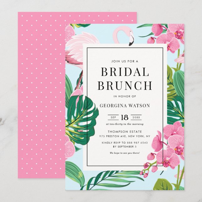 Pink Flamingo and Orchids Tropical Bridal Brunch Invitation (Front/Back)