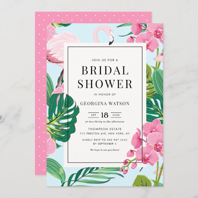 Pink Flamingo and Orchids Tropical Bridal Shower Invitation (Front/Back)