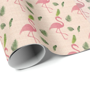 Pink Flamingo and Palm Leaves Wrapping Paper