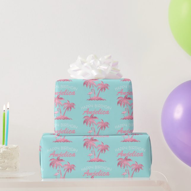 Pink Flamingo and Palm Trees on Teal Wrapping Paper (Party Gifts)