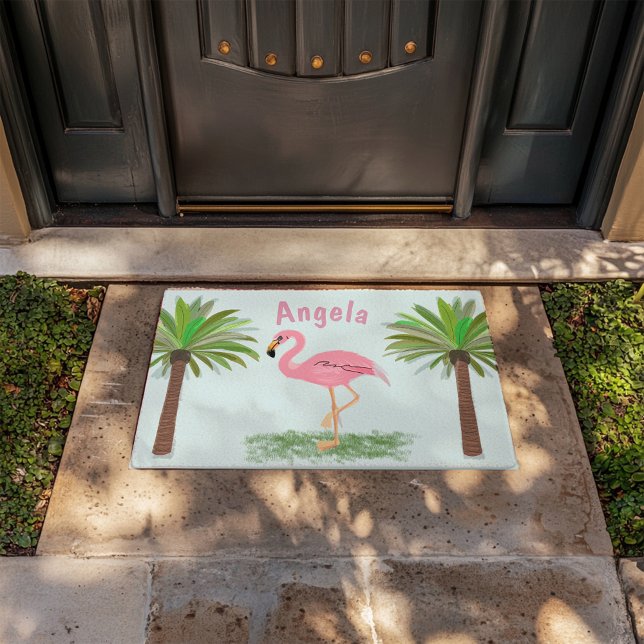 Pink Flamingo And Palm Trees Personalised Doormat (Creator Uploaded)