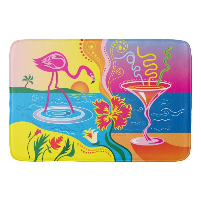 Pink Flamingo and Summer Cocktail Bath Mat (Front)