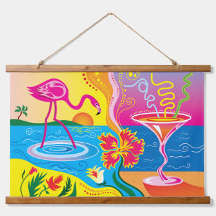 Pink Flamingo and Summer Cocktail Hanging Tapestry