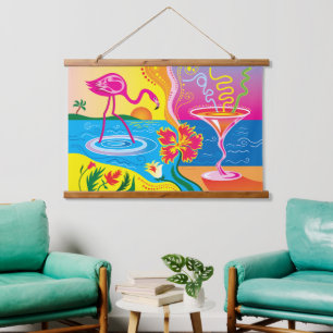 Pink Flamingo and Summer Cocktail Hanging Tapestry