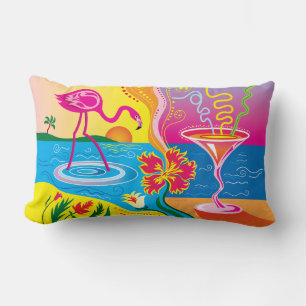 Pink Flamingo and Summer Cocktail Lumbar Cushion