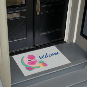 Pink Flamingo and Tropical Fruits Welcome Doormat