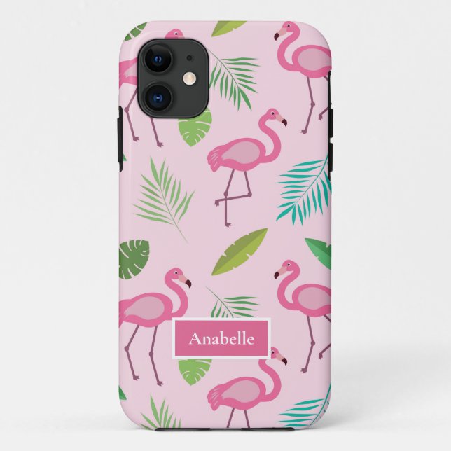 Pink flamingo and tropical leaves Custom Name  Case-Mate iPhone Case (Back)