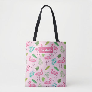 Pink flamingo and tropical leaves monogram tote bag