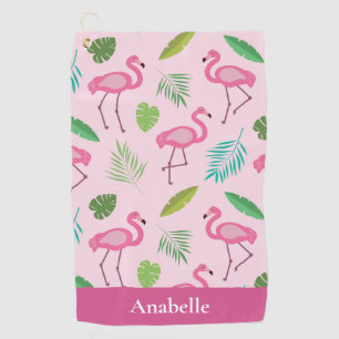 Pink flamingo and tropical leaves personalised   golf towel