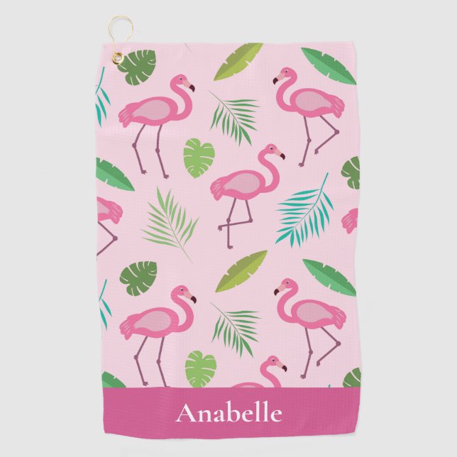 Pink flamingo and tropical leaves personalised   golf towel (Front)
