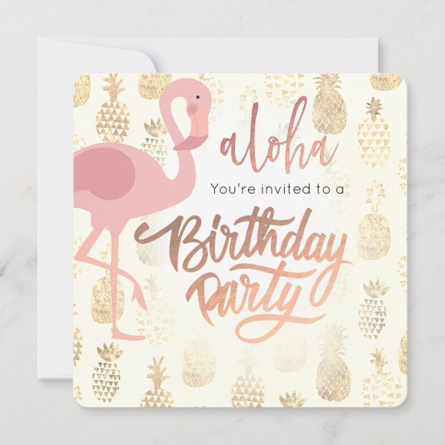 pink flamingo and tropical pineapples invitation (Front)