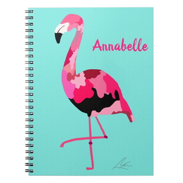 Pink Flamingo Art Teal Notebook (Front)