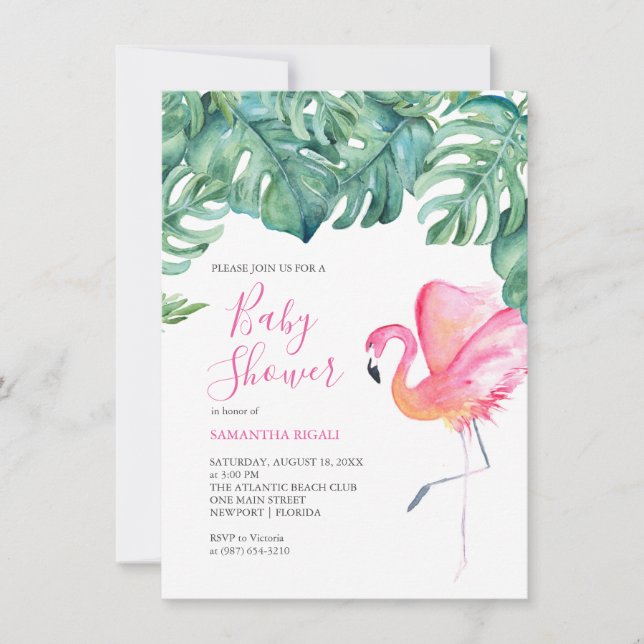 Pink Flamingo Baby Shower Invitations (Front)