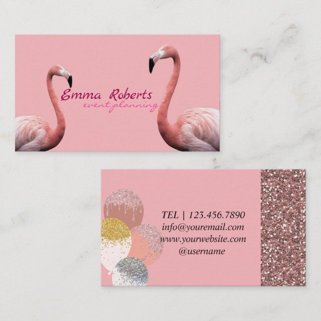 Pink Flamingo Balloons Modern Event Planning Business Card (Front/Back)