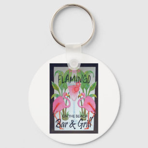 Pink Flamingo Bar & Grill Beach Drink Theme Key Ring